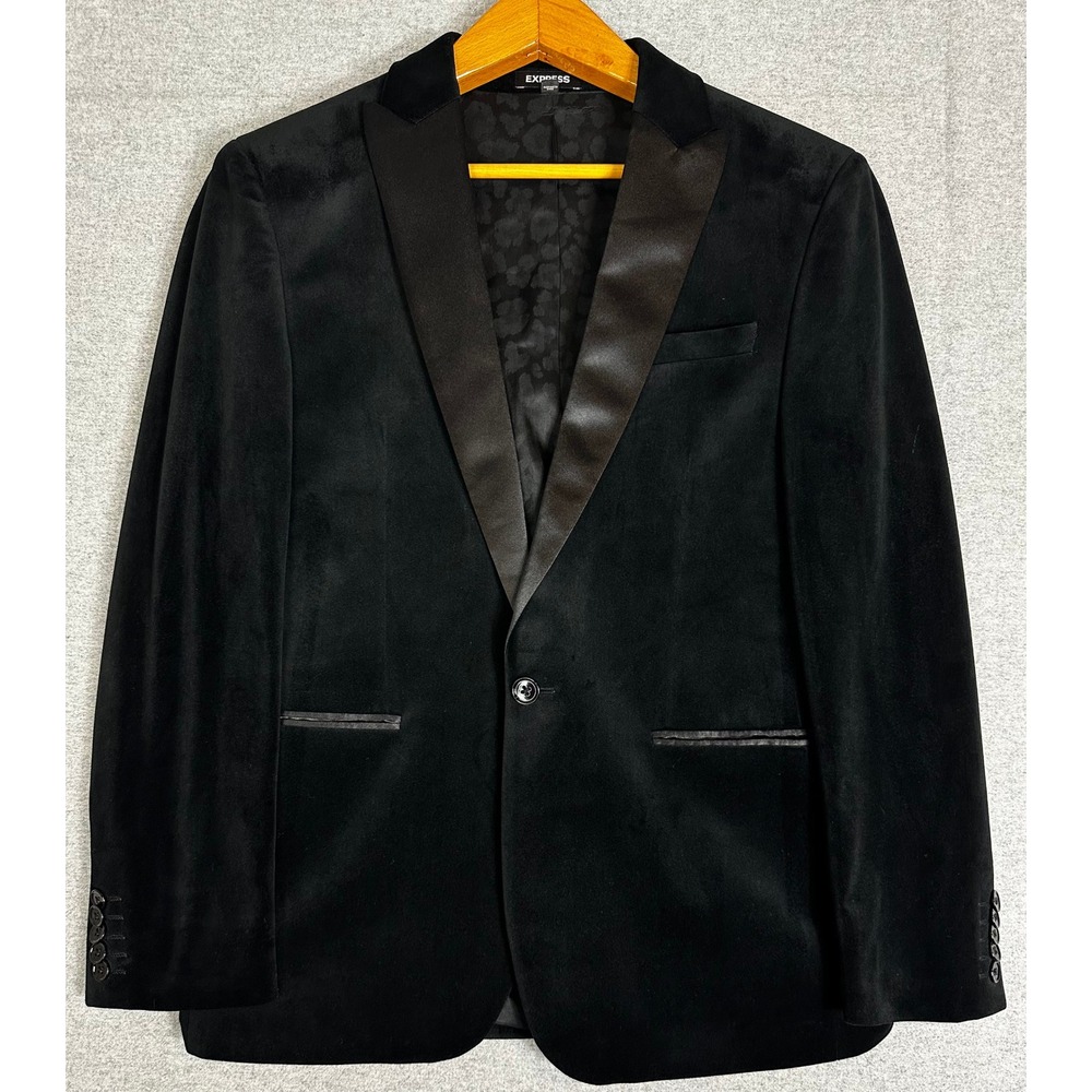 Express Tuxedo Jacket Mens 36S Black Velvet Satin Peak Lapel Slim Fit